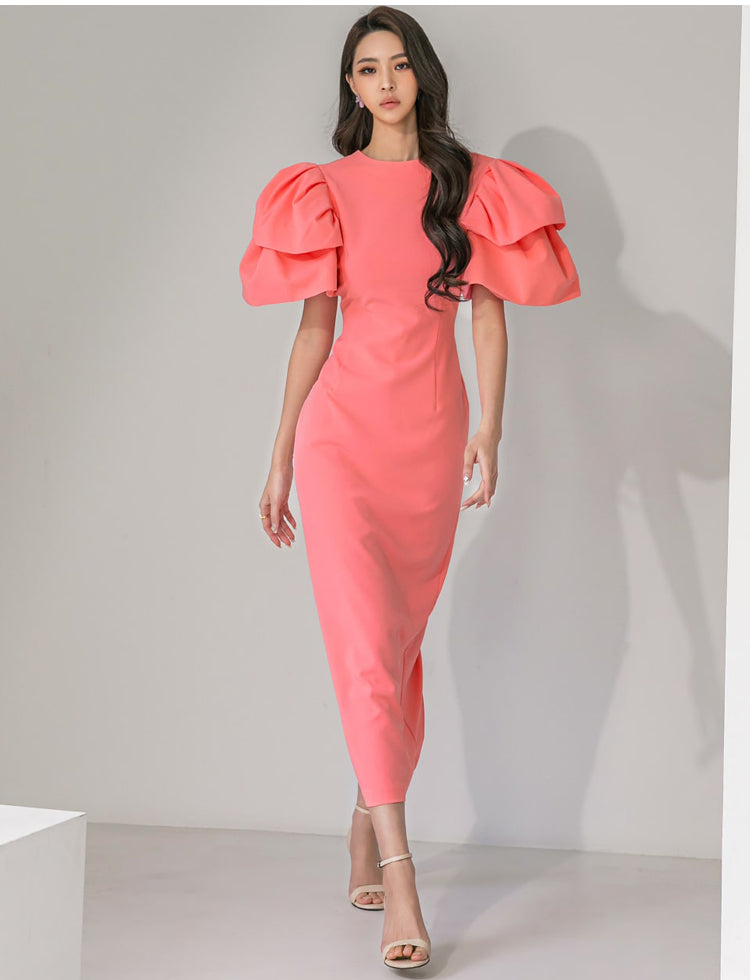 CM-DY074244 Women Elegant Seoul Style Round Neck Short Sleeve Slim Midi Dress