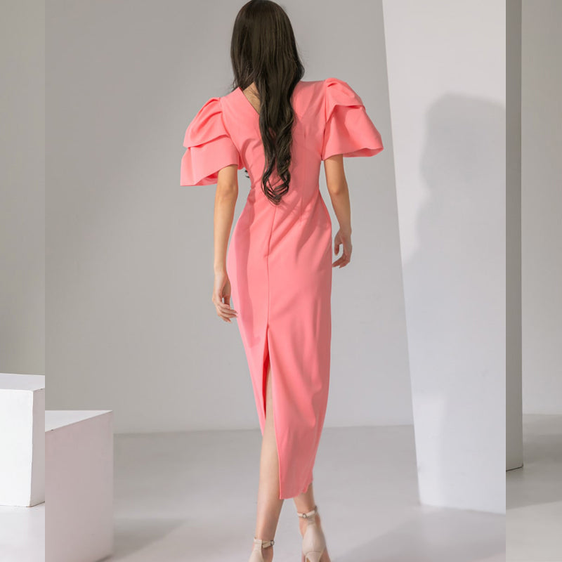 CM-DY074244 Women Elegant Seoul Style Round Neck Short Sleeve Slim Midi Dress