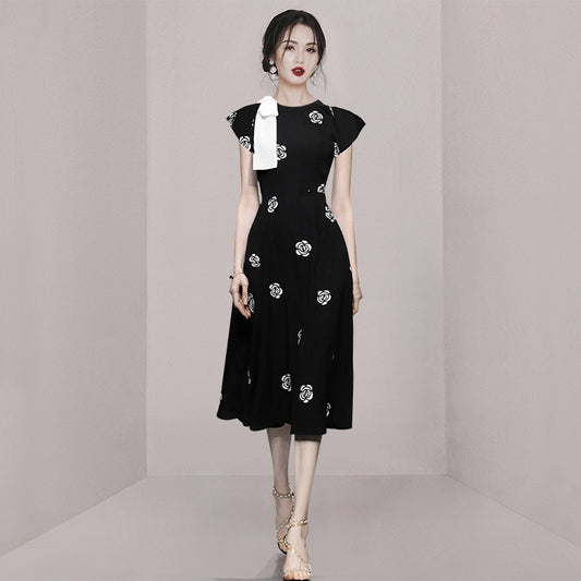 CM-DY074622 Women Elegant European Style Round Neck Short Sleeve Bow Decor Midi Dress