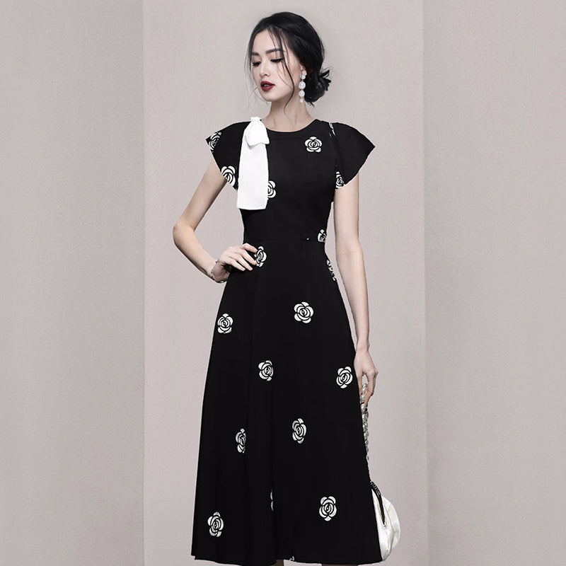 CM-DY074622 Women Elegant European Style Round Neck Short Sleeve Bow Decor Midi Dress