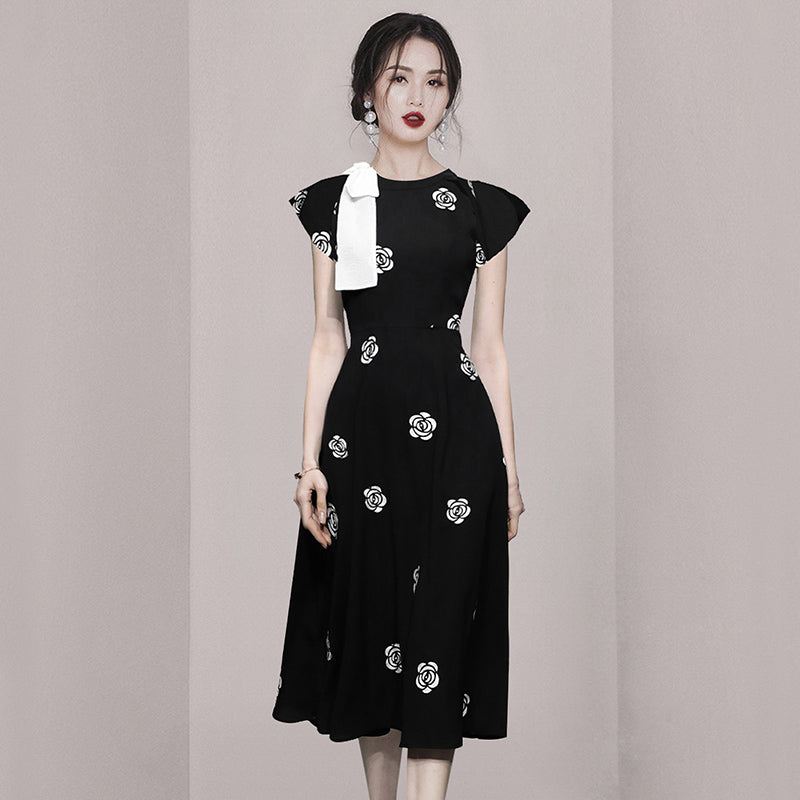 CM-DY074622 Women Elegant European Style Round Neck Short Sleeve Bow Decor Midi Dress
