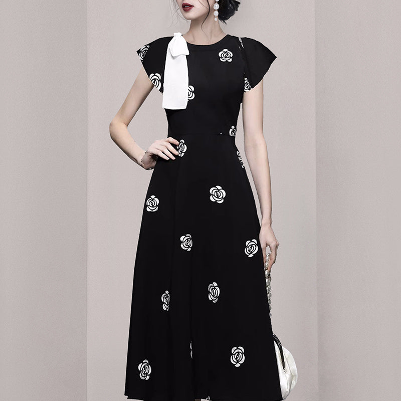 CM-DY074622 Women Elegant European Style Round Neck Short Sleeve Bow Decor Midi Dress