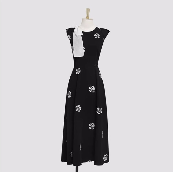 CM-DY074622 Women Elegant European Style Round Neck Short Sleeve Bow Decor Midi Dress