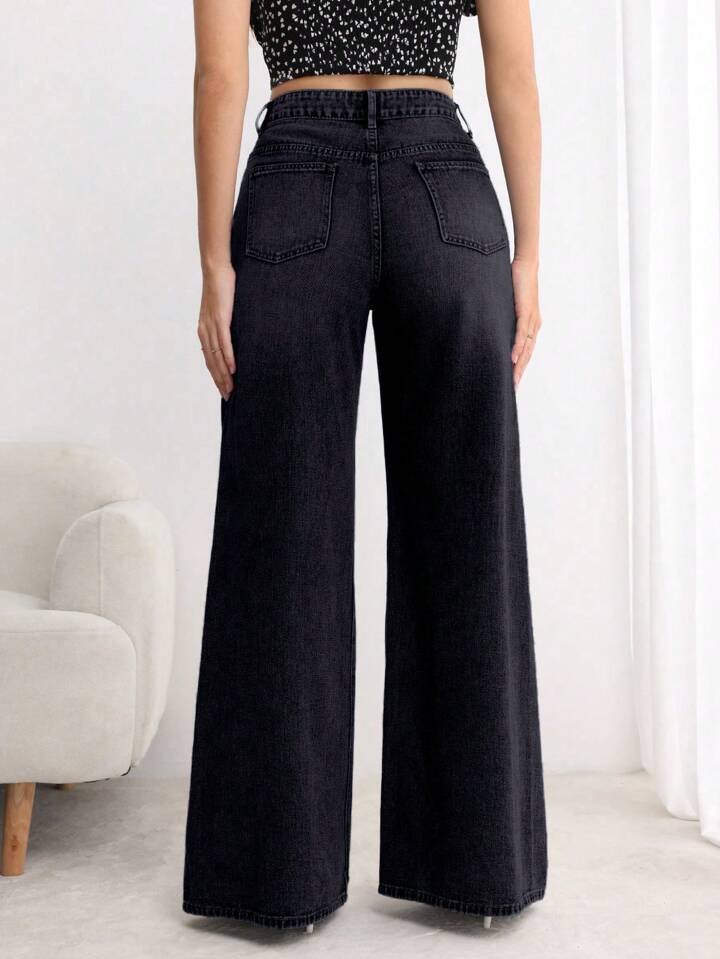CM-BS078565 Women Elegant Seoul Style Button Front Pocket Loose Wide Leg Jeans - Black