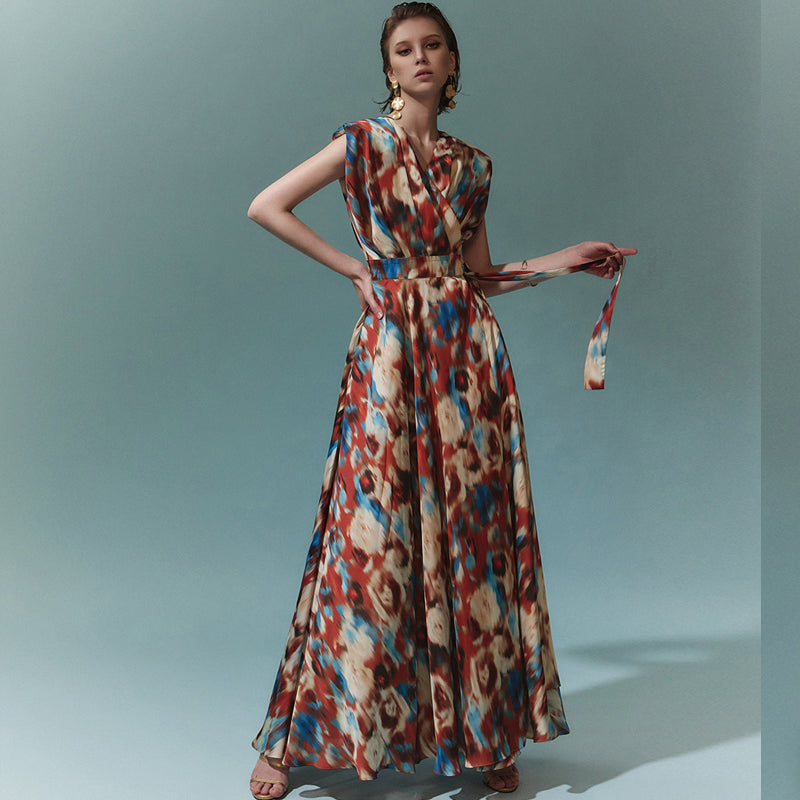 CM-DY075445 Women Vintage European Style V-Neck Tie Waist Split Floral Maxi Dress