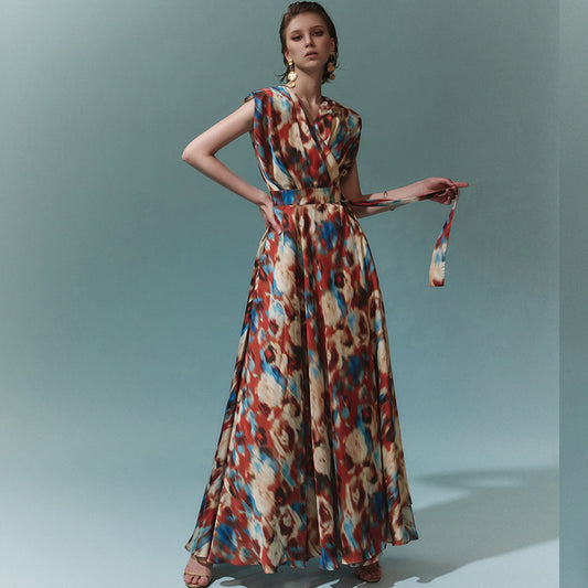 CM-DY075445 Women Vintage European Style V-Neck Tie Waist Split Floral Maxi Dress