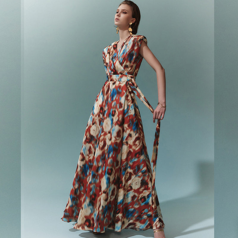 CM-DY075445 Women Vintage European Style V-Neck Tie Waist Split Floral Maxi Dress