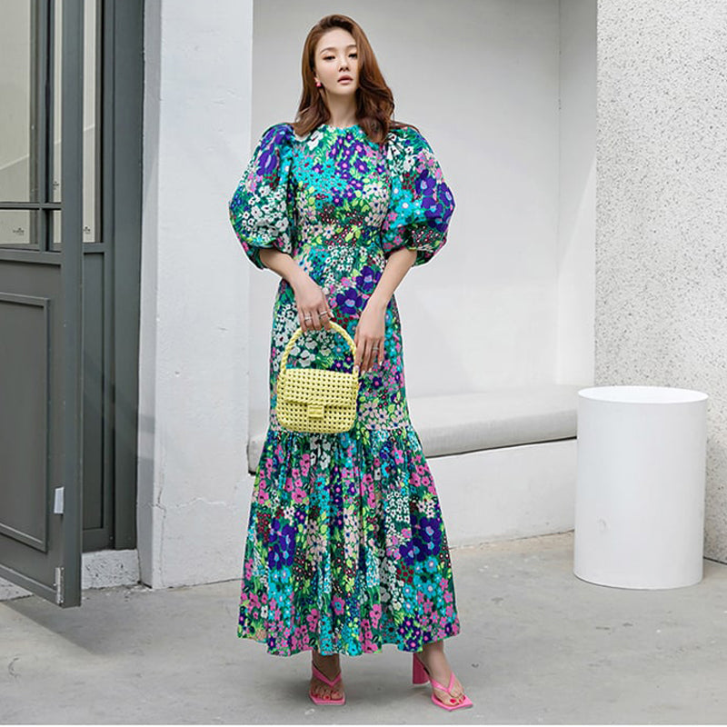 CM-DY075446 Women Trendy Bohemian Style High Waist Floral Puff Sleeve Fishtail Long Dress