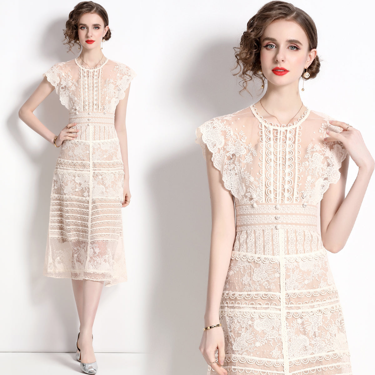 CM-DY075448 Women Elegant European Style Embroidered Floral Round Neck Sleeveless Pinched Waist Dress - Beige