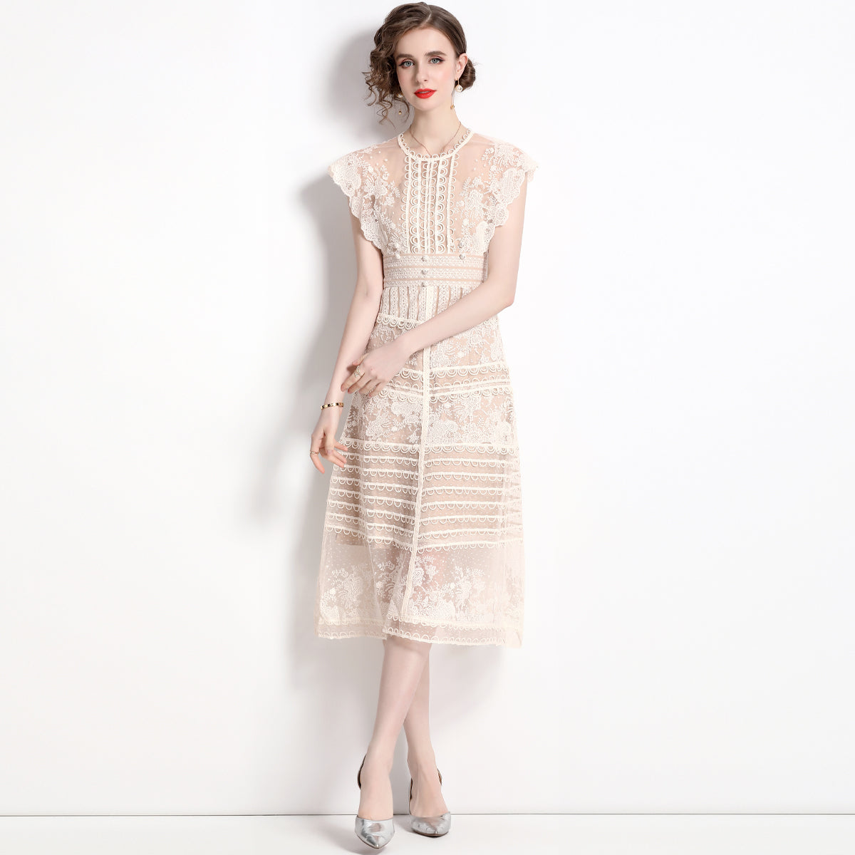 CM-DY075448 Women Elegant European Style Embroidered Floral Round Neck Sleeveless Pinched Waist Dress - Beige