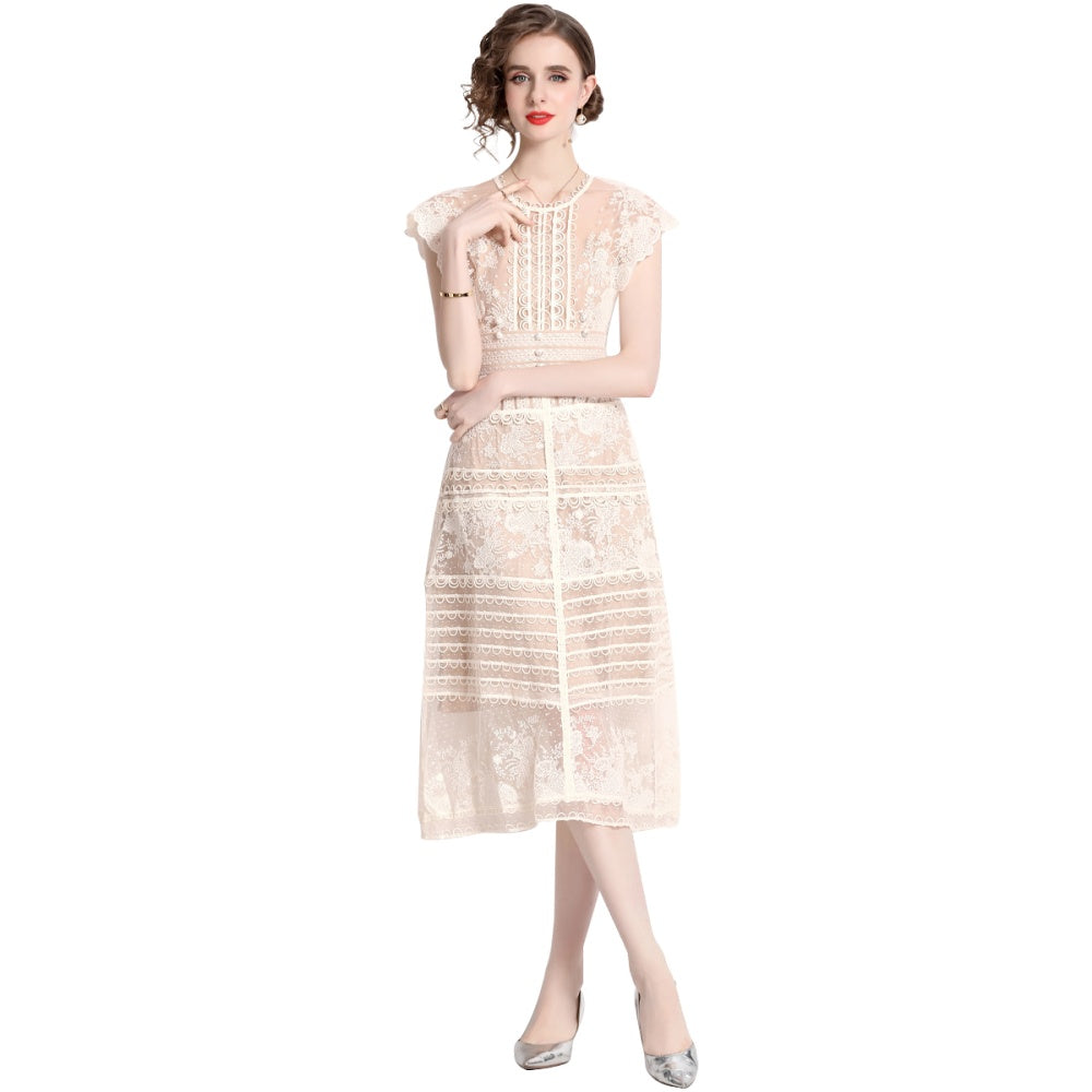 CM-DY075448 Women Elegant European Style Embroidered Floral Round Neck Sleeveless Pinched Waist Dress - Beige