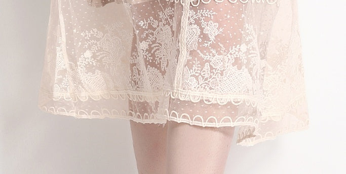 CM-DY075448 Women Elegant European Style Embroidered Floral Round Neck Sleeveless Pinched Waist Dress - Beige
