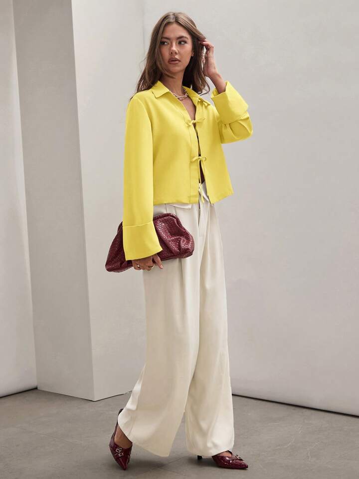 CM-TS885945 Women Trendy Bohemian Style Shirt Collar Front Tie Long Sleeve Shirt - Yellow