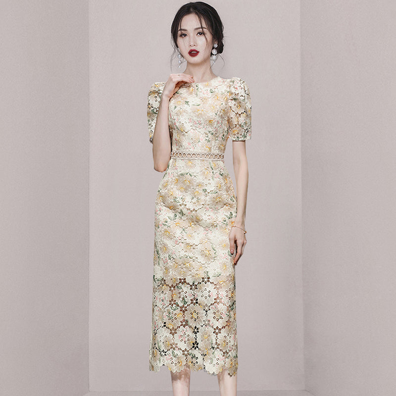 CM-DY075847 Women Elegant European Style Hollow Lace Round Neck Puff Sleeve Embroidery Dress - Apricot