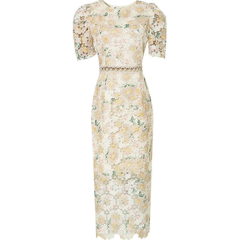 CM-DY075847 Women Elegant European Style Hollow Lace Round Neck Puff Sleeve Embroidery Dress - Apricot