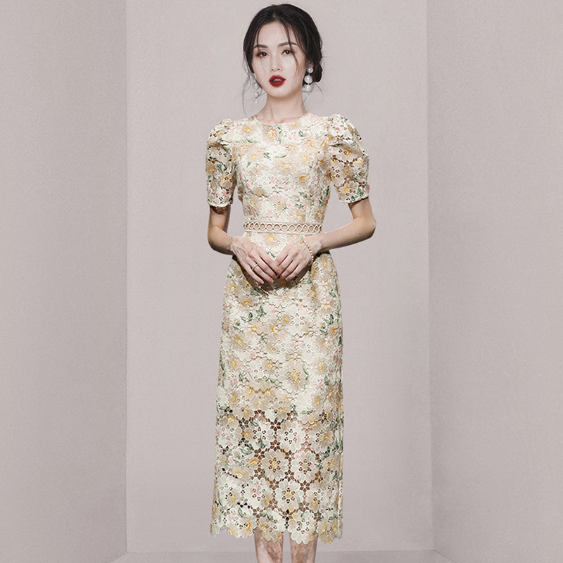 CM-DY075847 Women Elegant European Style Hollow Lace Round Neck Puff Sleeve Embroidery Dress - Apricot