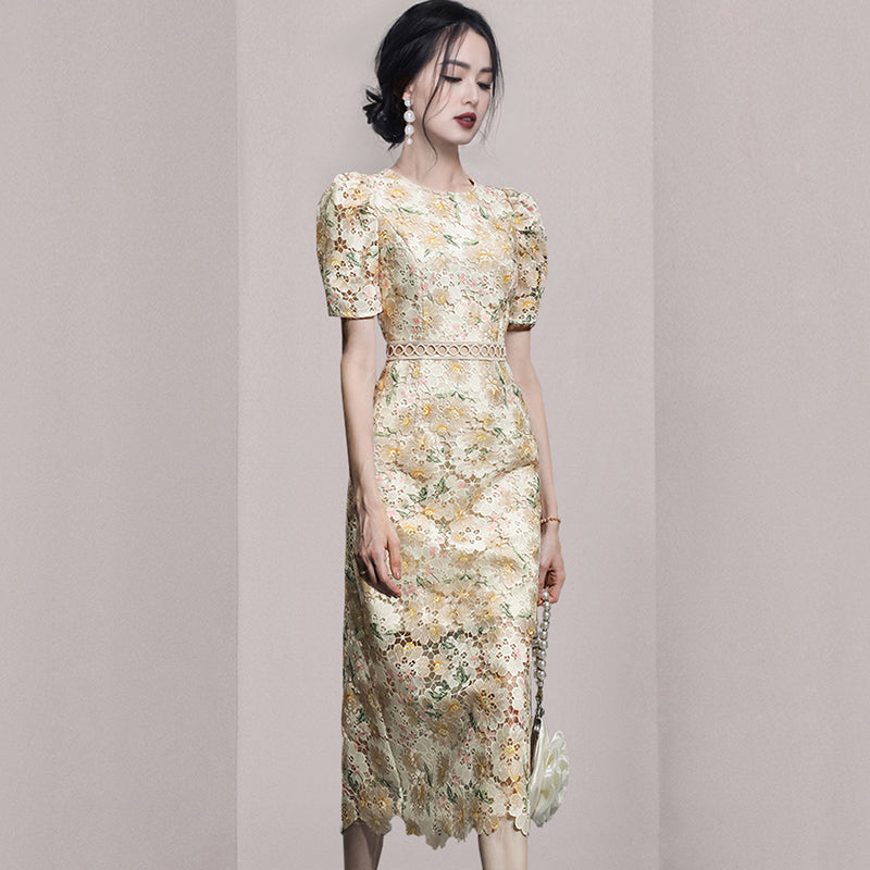 CM-DY075847 Women Elegant European Style Hollow Lace Round Neck Puff Sleeve Embroidery Dress - Apricot