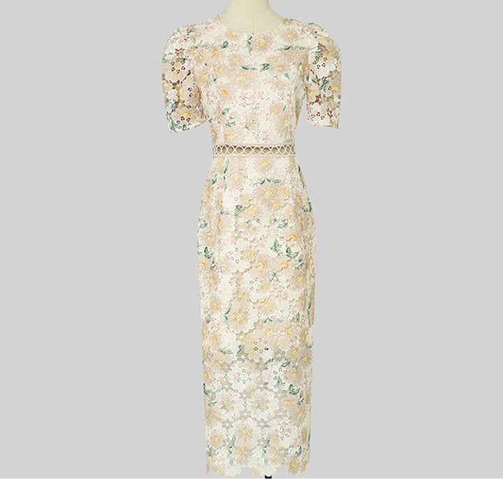 CM-DY075847 Women Elegant European Style Hollow Lace Round Neck Puff Sleeve Embroidery Dress - Apricot