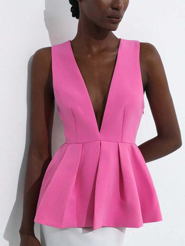 CM-TS254932 Women Elegant Seoul Style Deep V-NeckSleeveless Ruffle Hem Design Blouse - Hot Pink