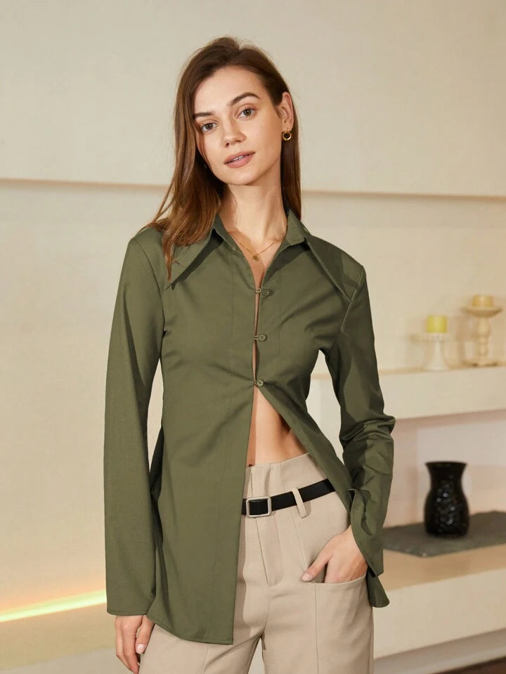 CM-TS510220 Women Elegant Seoul Style Collar Neckline Solid Button Front Shirt - Army Green