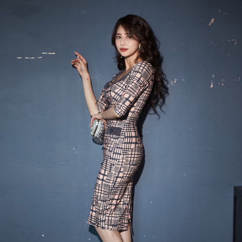 CM-DY077909 Women Casual Seoul Style Round Neck Pinched Waist Slim Dress