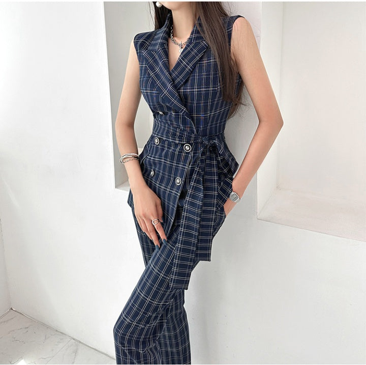 CM-SY077985 Women Elegant Seoul Style Plaid Sleeveless Double-Breasted Vest With Long Pants - Set