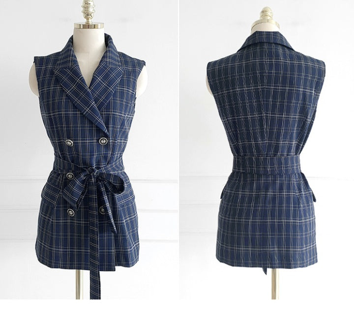 CM-SY077985 Women Elegant Seoul Style Plaid Sleeveless Double-Breasted Vest With Long Pants - Set
