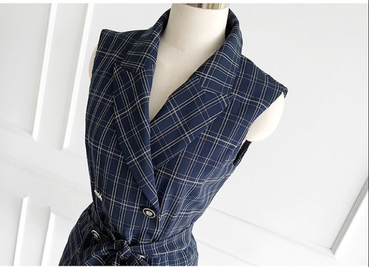 CM-SY077985 Women Elegant Seoul Style Plaid Sleeveless Double-Breasted Vest With Long Pants - Set