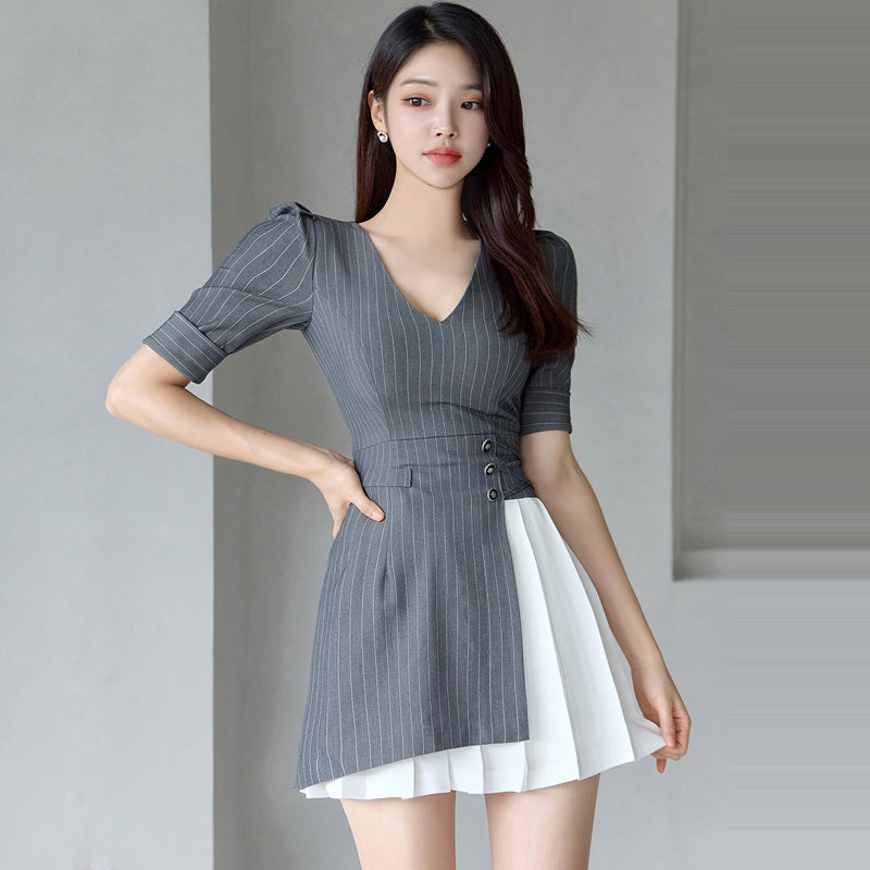 CM-DY077988 Women Casual Seoul Style Stripe V-Neck Puff Sleeve Mini Dress