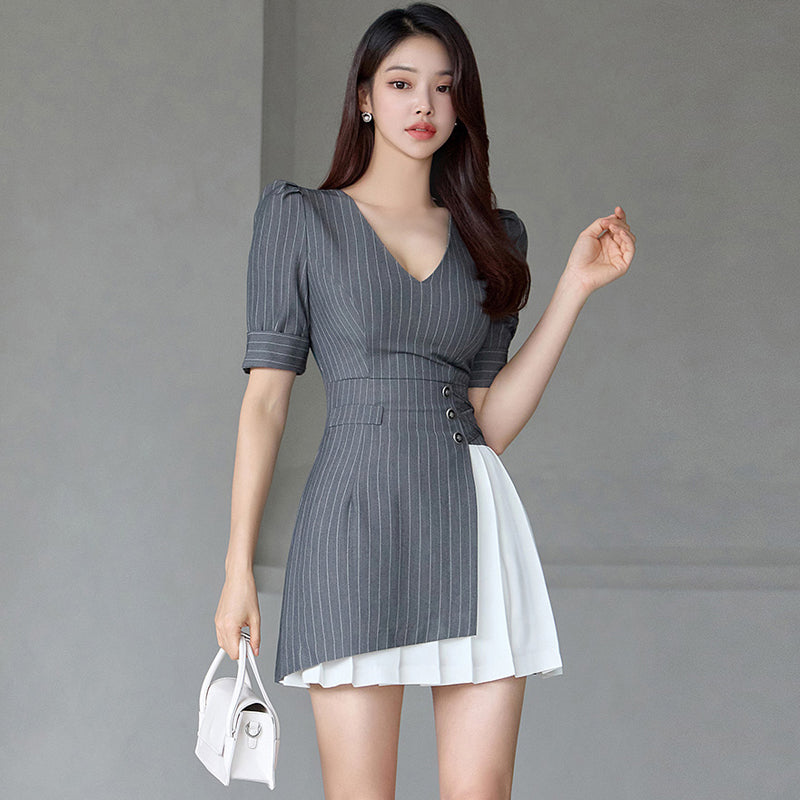 CM-DY077988 Women Casual Seoul Style Stripe V-Neck Puff Sleeve Mini Dress
