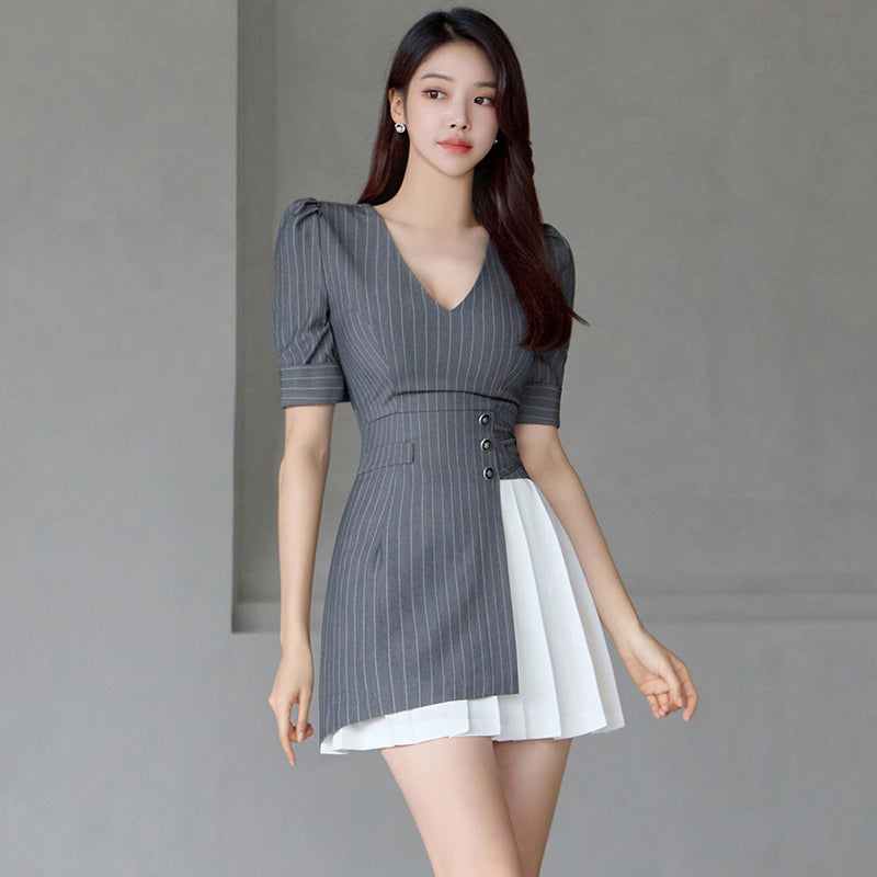CM-DY077988 Women Casual Seoul Style Stripe V-Neck Puff Sleeve Mini Dress