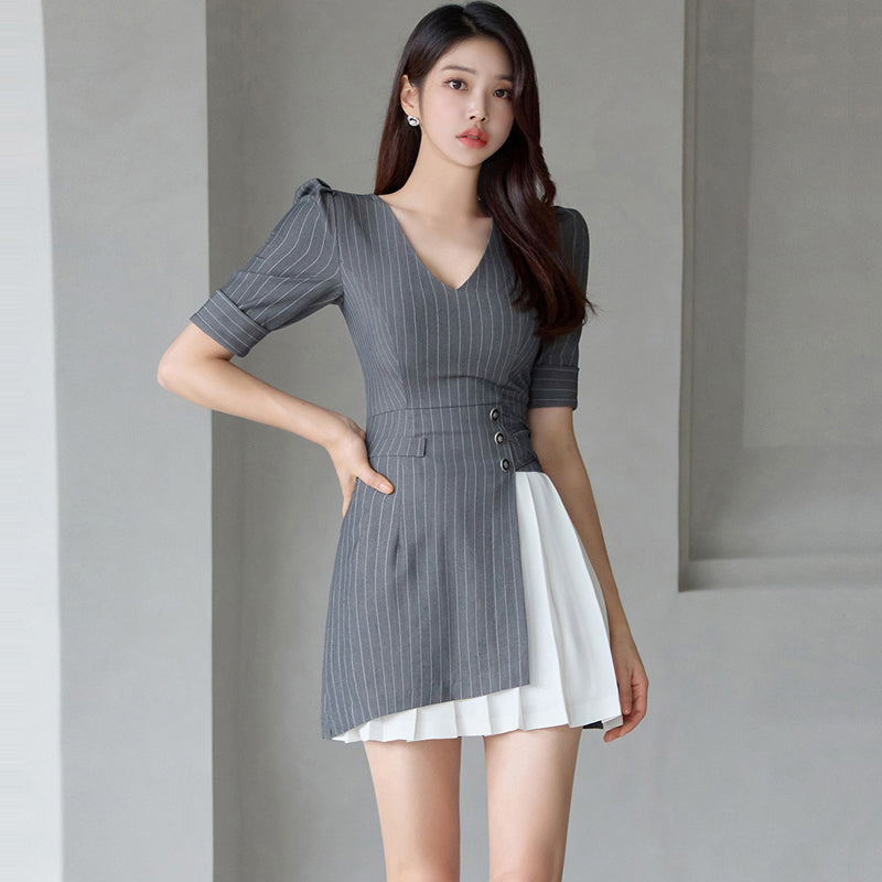 CM-DY077988 Women Casual Seoul Style Stripe V-Neck Puff Sleeve Mini Dress