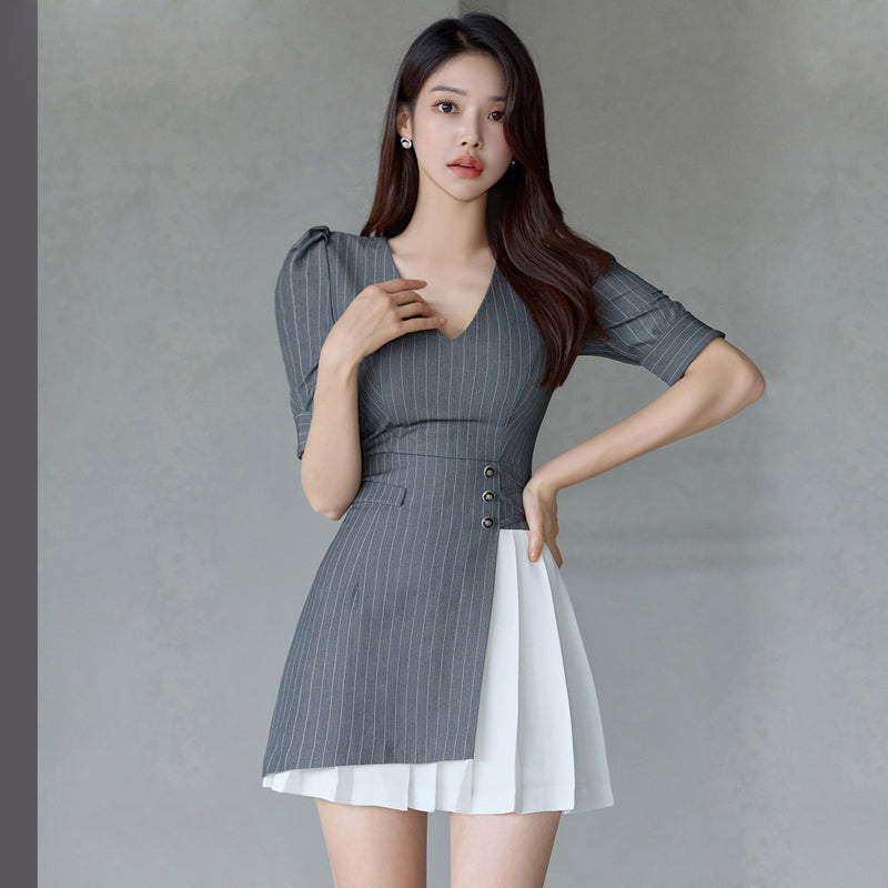 CM-DY077988 Women Casual Seoul Style Stripe V-Neck Puff Sleeve Mini Dress