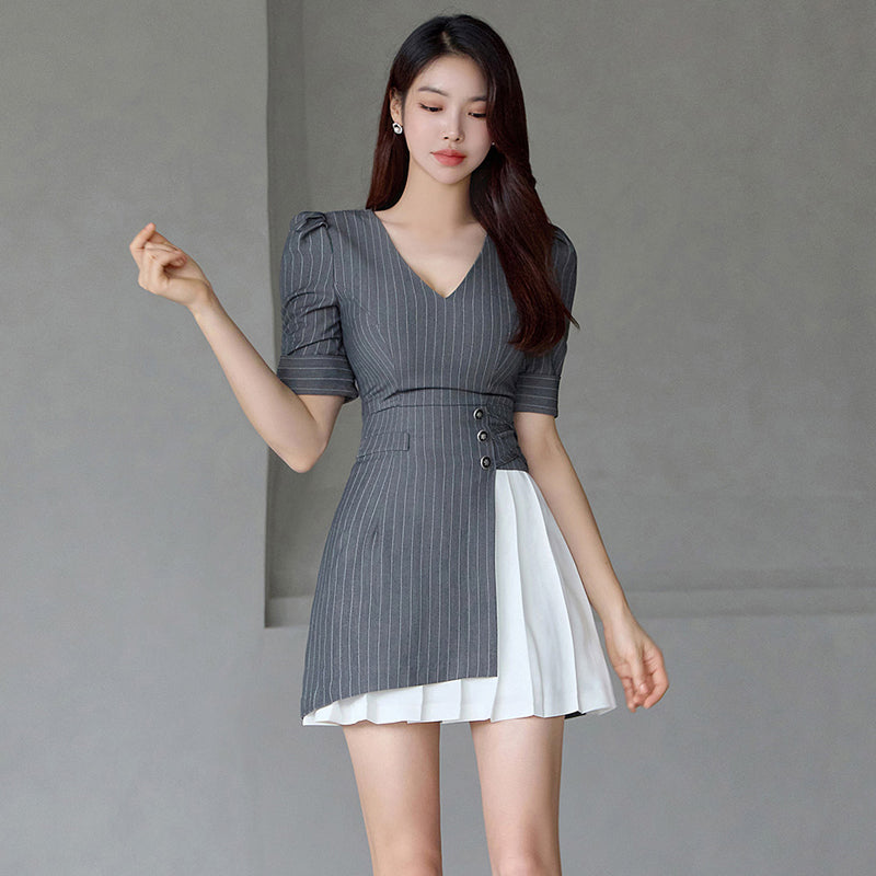CM-DY077988 Women Casual Seoul Style Stripe V-Neck Puff Sleeve Mini Dress