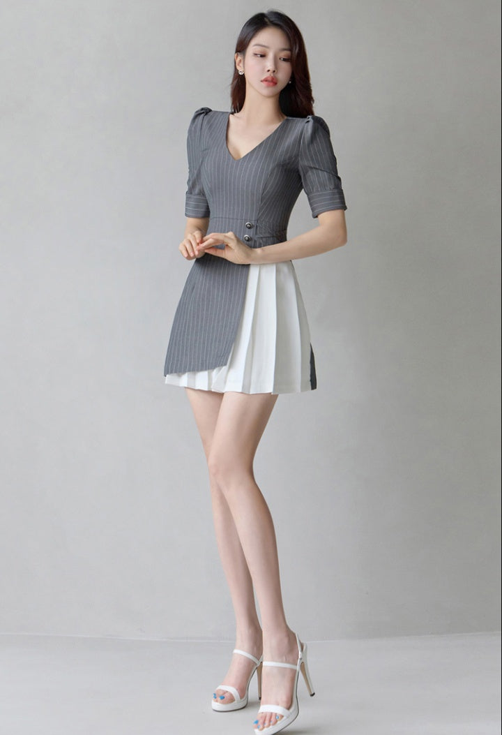 CM-DY077988 Women Casual Seoul Style Stripe V-Neck Puff Sleeve Mini Dress