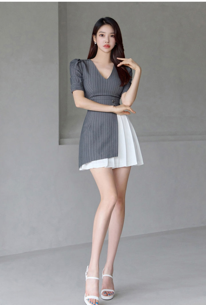 CM-DY077988 Women Casual Seoul Style Stripe V-Neck Puff Sleeve Mini Dress