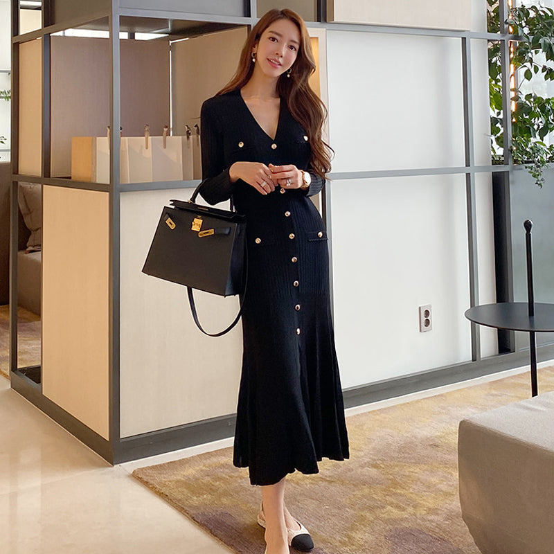CM-DY078591 Women Casual Seoul Style V-Neck Ling Sleeve Sweater Dress - Black
