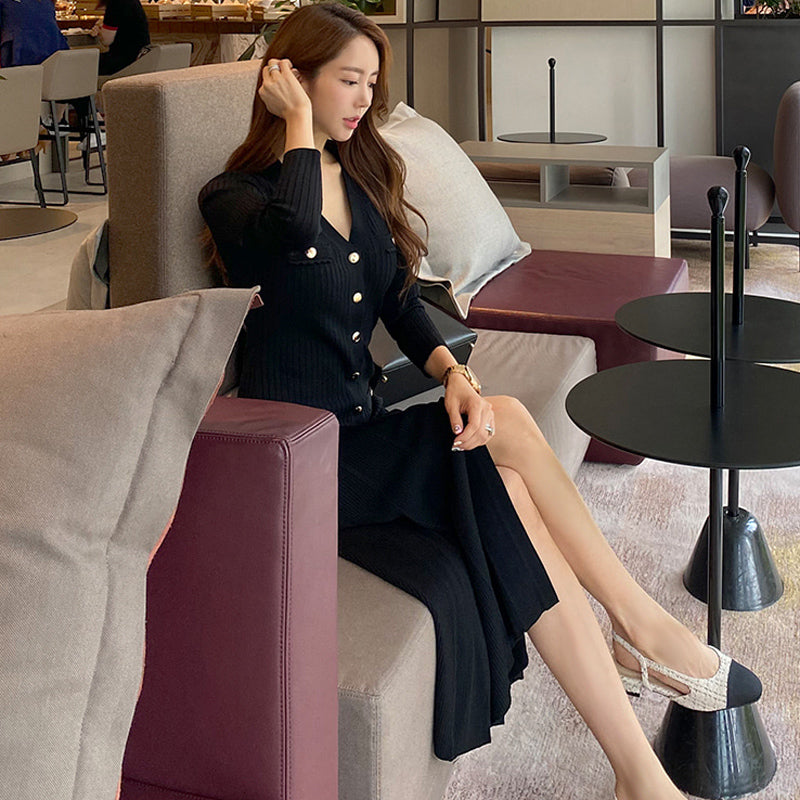 CM-DY078591 Women Casual Seoul Style V-Neck Ling Sleeve Sweater Dress - Black