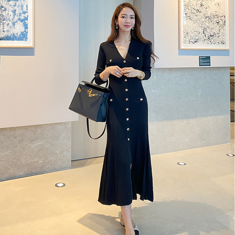CM-DY078591 Women Casual Seoul Style V-Neck Ling Sleeve Sweater Dress - Black