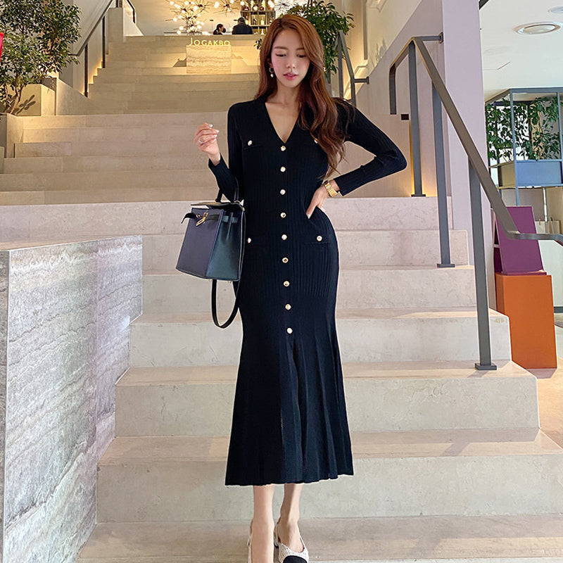 CM-DY078591 Women Casual Seoul Style V-Neck Ling Sleeve Sweater Dress - Black
