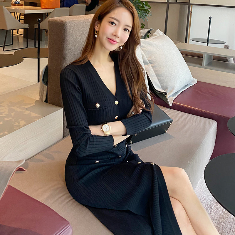 CM-DY078591 Women Casual Seoul Style V-Neck Ling Sleeve Sweater Dress - Black