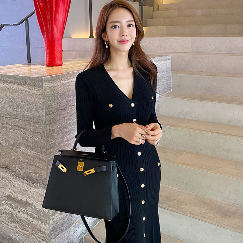 CM-DY078591 Women Casual Seoul Style V-Neck Ling Sleeve Sweater Dress - Black