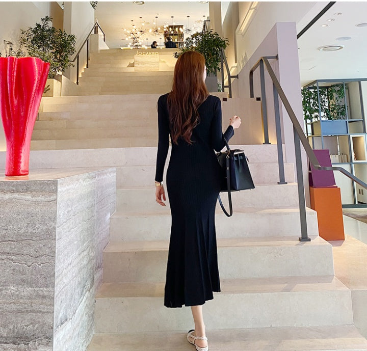 CM-DY078591 Women Casual Seoul Style V-Neck Ling Sleeve Sweater Dress - Black