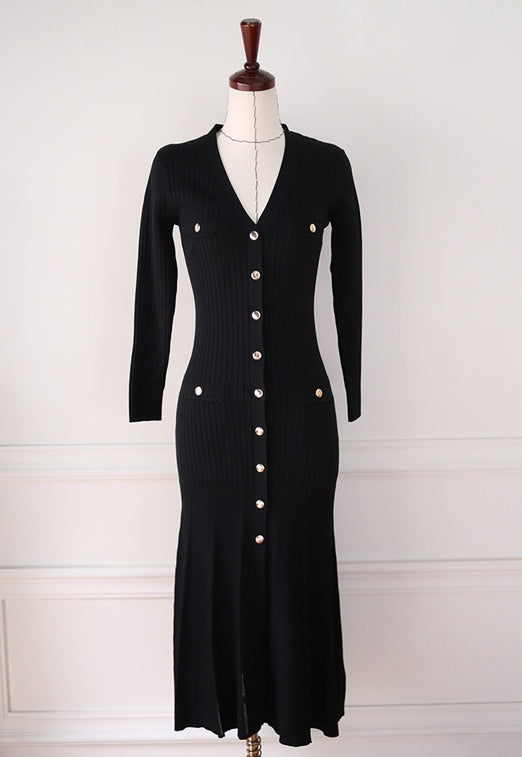 CM-DY078591 Women Casual Seoul Style V-Neck Ling Sleeve Sweater Dress - Black