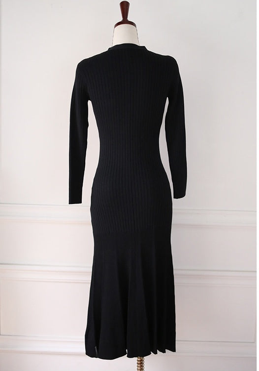 CM-DY078591 Women Casual Seoul Style V-Neck Ling Sleeve Sweater Dress - Black