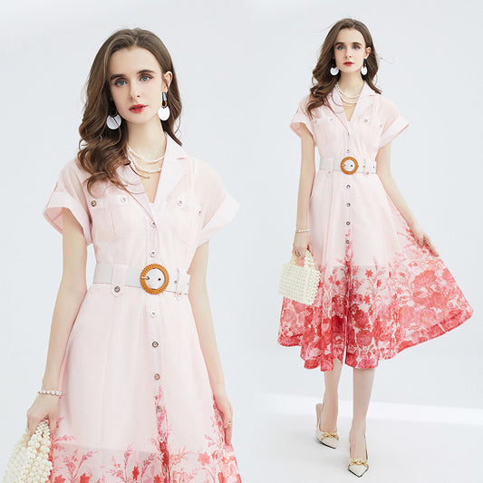 CM-DY078939 Women Elegant European Style Collar Neckline Short Sleeve Printing Midi Dress