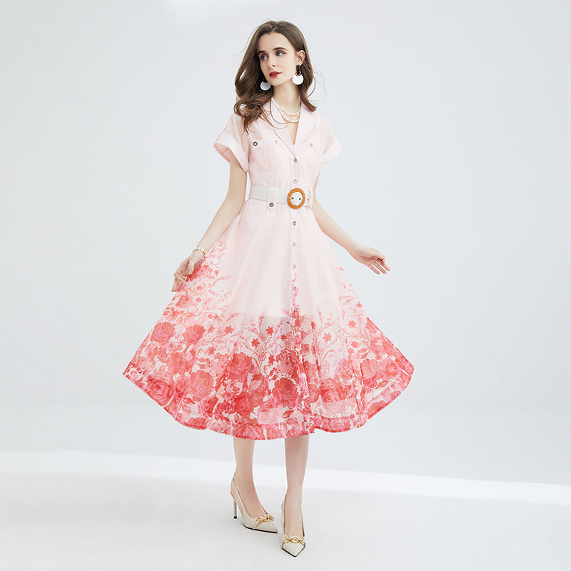 CM-DY078939 Women Elegant European Style Collar Neckline Short Sleeve Printing Midi Dress
