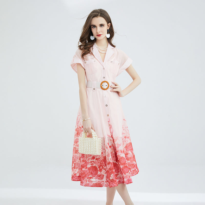 CM-DY078939 Women Elegant European Style Collar Neckline Short Sleeve Printing Midi Dress