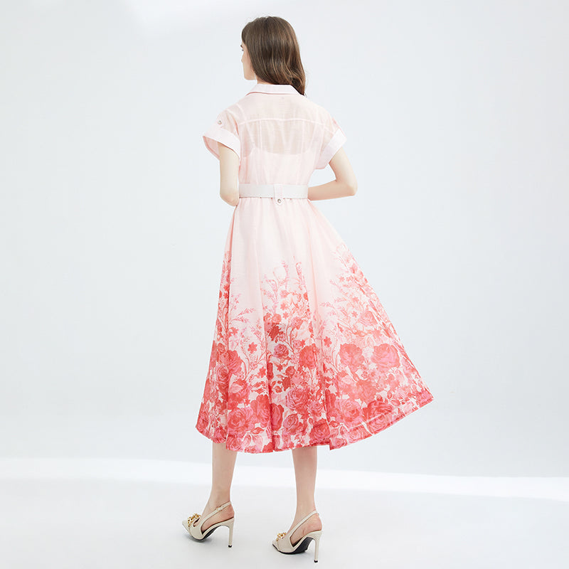 CM-DY078939 Women Elegant European Style Collar Neckline Short Sleeve Printing Midi Dress