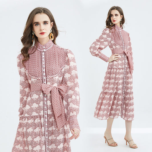 CM-DY078996 Women Elegant European Style Long Sleeve Stand Collar Dress